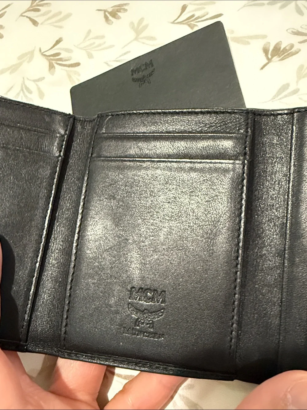 MCM Black Signature Compact Wallet with Silver Plaque